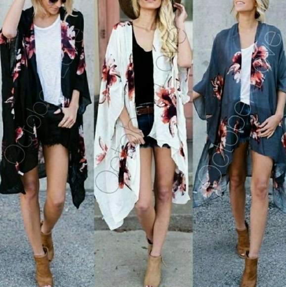 Other - Long Black floral kimono one size beach coverup